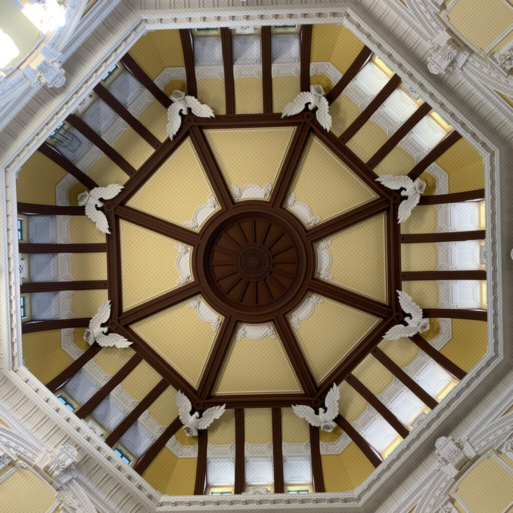 Ceiling adorned with classical decorations at the Marunouchi South Exist at Tokyo Station, Tokyo Walking Guide